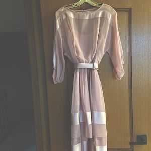 Vintage 80s Pink sheer and satin-striped mid-length dress with satin belt